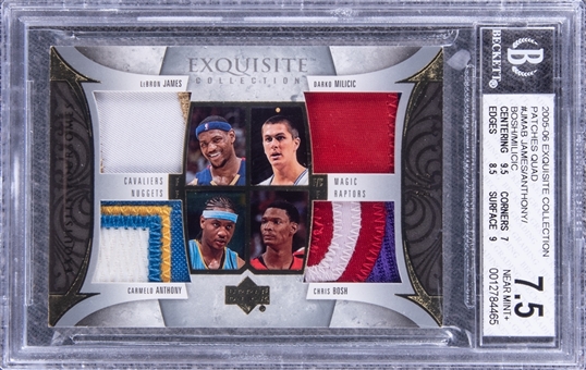 2005-06 UD "Exquisite Collection" Patches Quad #JMAB James/Anthony/Bosh/Milicic Game Used Patch Card (#1/3) - BGS NM+ 7.5 